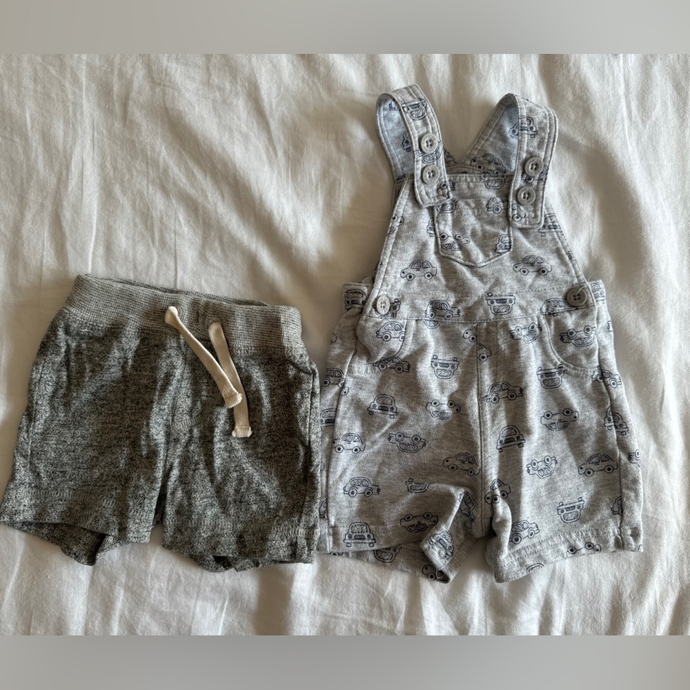 Grey Baby Boy Overalls with Cars + GAP Grey Shorts, size 6-12 months